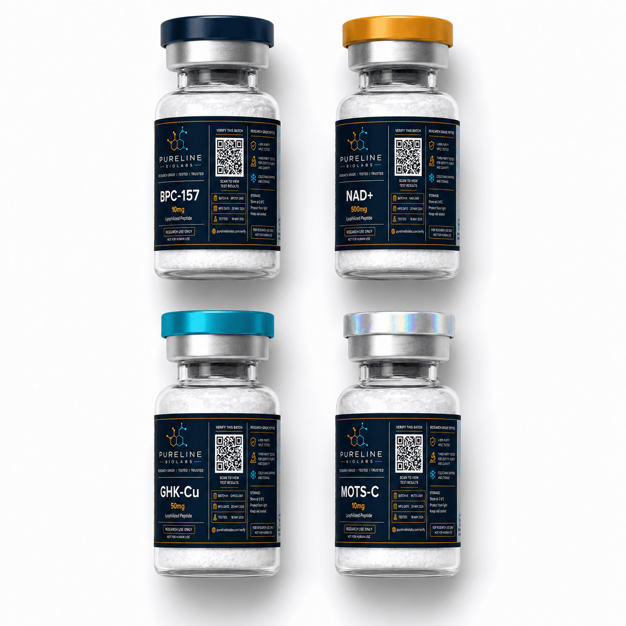 Pureline Biolabs research peptide vials flatlay