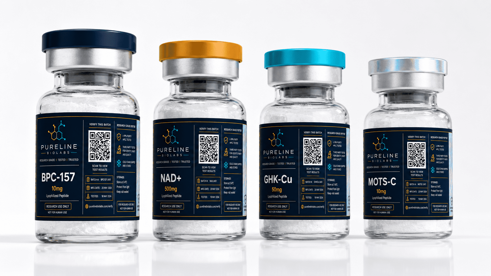Pureline Biolabs research peptide vials BPC-157 NAD+ GHK-Cu MOTS-C