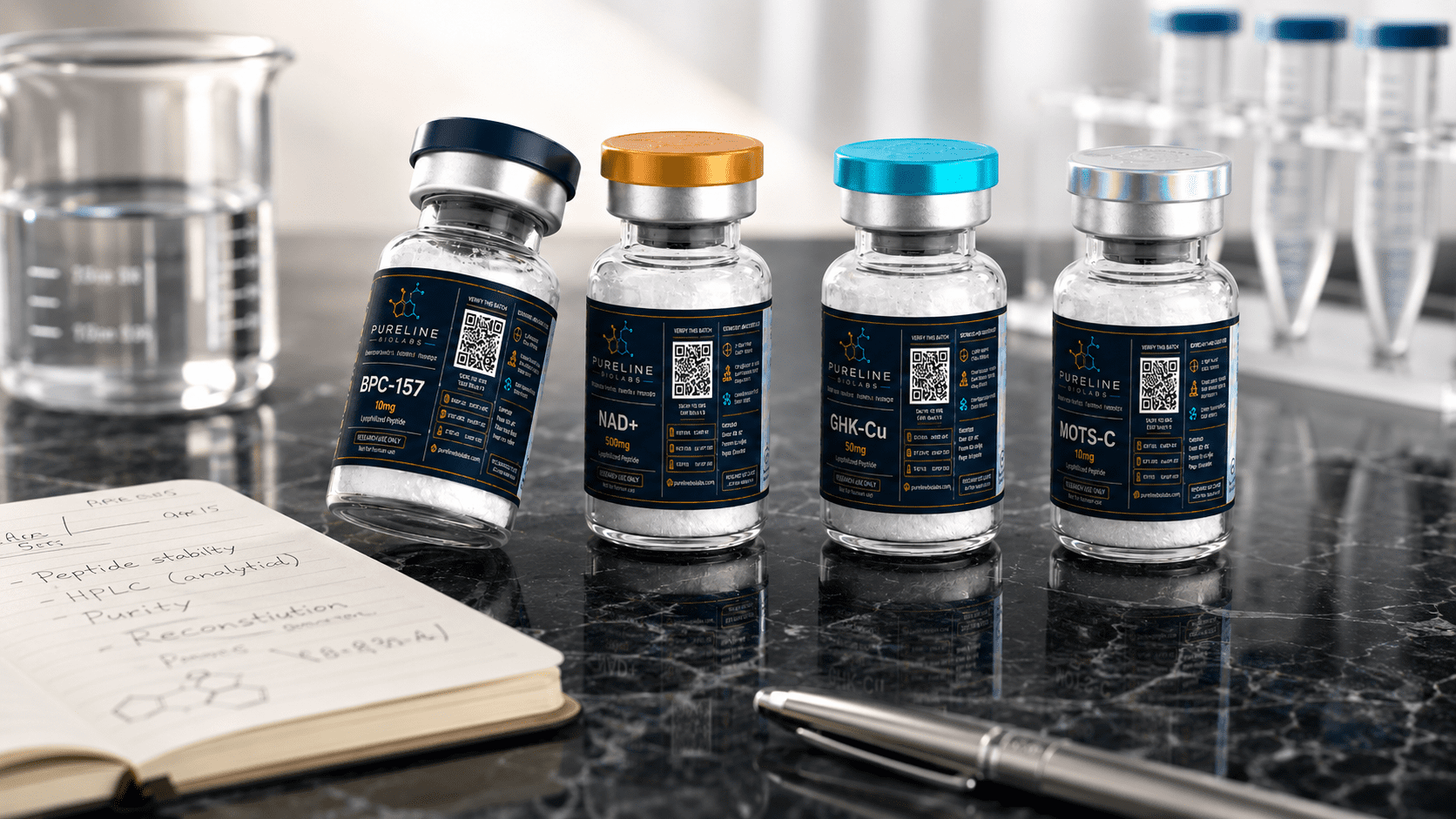 Pureline Biolabs research peptide vials laboratory setting