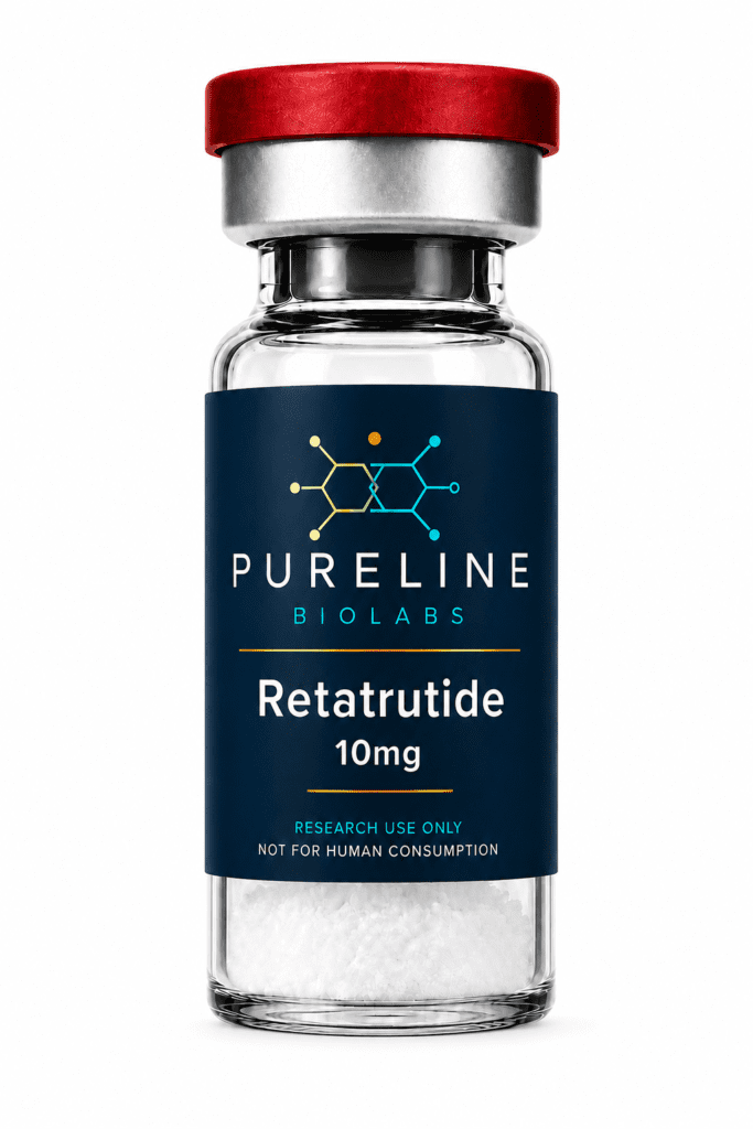 Retatrutide 10mg research peptide vial with navy label showing Pureline Biolabs branding, independently verified by Janoshik Analytical, UK research peptide supplier