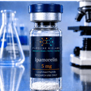Ipamorelin 5mg vial — research grade lyophilised powder, Janoshik Analytical verified ≥99% purity, Pureline Biolabs UK