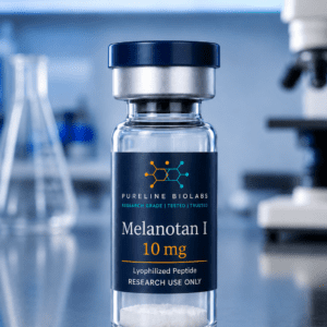 Melanotan I 10mg vial — research grade lyophilised powder, Janoshik Analytical verified ≥99% purity, Pureline Biolabs UK