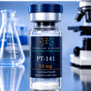 PT-141 10mg vial — research grade lyophilised powder, Janoshik Analytical verified ≥99% purity, Pureline Biolabs UK