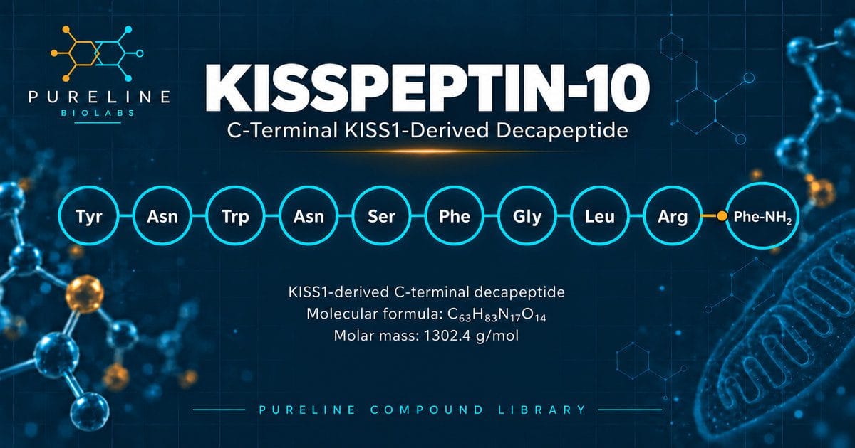 Kisspeptin-10 YNWNSFGLRF-NH2 sequence and molecular identity graphic by Pureline Biolabs, showing the ten-residue sequence with the C-terminal amide, molecular formula C63H83N17O14 and molar mass 1302.4 g/mol.