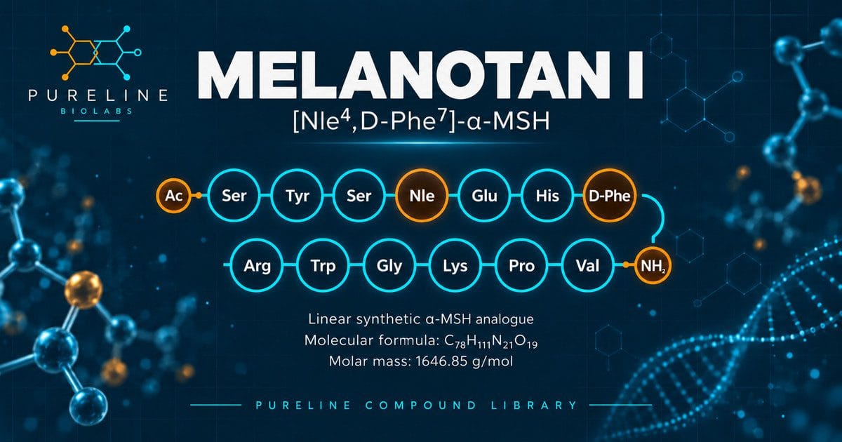Melanotan I afamelanotide peptide sequence and molecular identity graphic by Pureline Biolabs, showing the 13-residue sequence with Nle at position 4 and D-Phe at position 7, molecular formula C78H111N21O19 and molar mass 1646.85 g/mol.