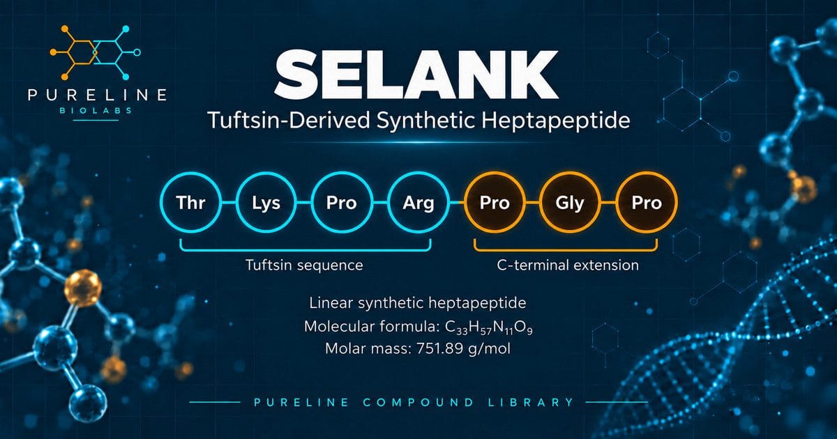 Selank peptide TKPRPGP sequence and molecular identity graphic by Pureline Biolabs, showing the tuftsin sequence Thr-Lys-Pro-Arg with the Pro-Gly-Pro C-terminal extension, molecular formula C33H57N11O9 and molar mass 751.89 g/mol.