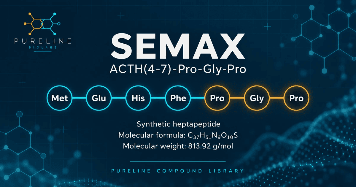 Semax heptapeptide structure showing the Met-Glu-His-Phe-Pro-Gly-Pro sequence, molecular formula C37H51N9O10S and molecular weight 813.92 g/mol.